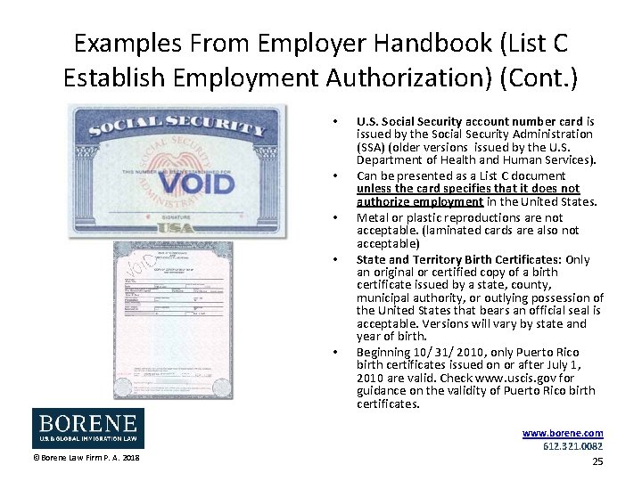 Examples From Employer Handbook (List C Establish Employment Authorization) (Cont. ) • • •