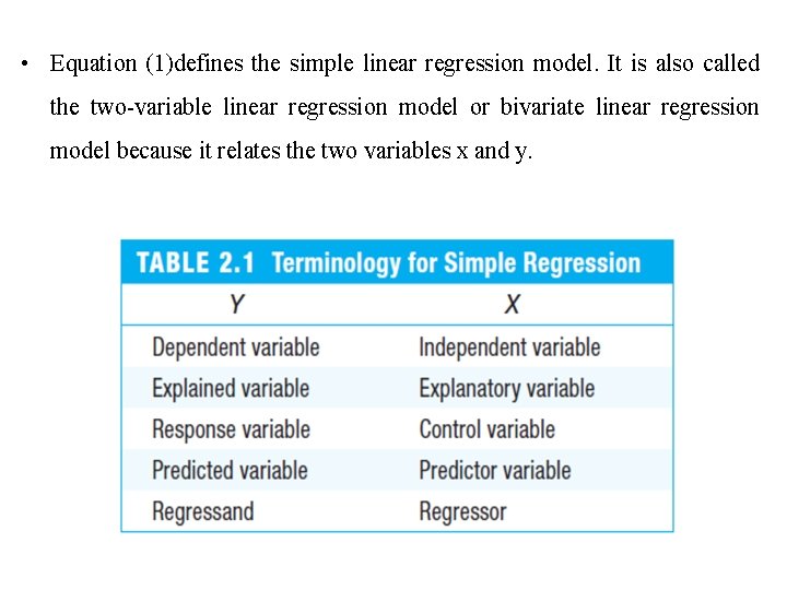  • Equation (1)defines the simple linear regression model. It is also called the