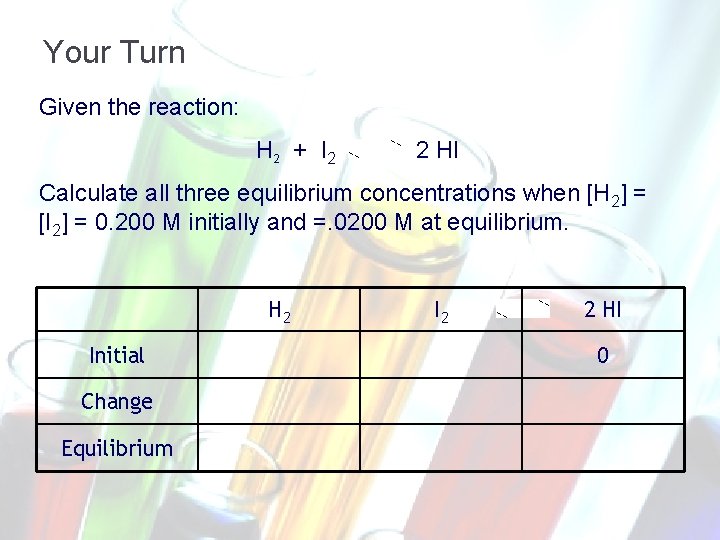 Your Turn Given the reaction: H 2 + I 2 2 HI Calculate all