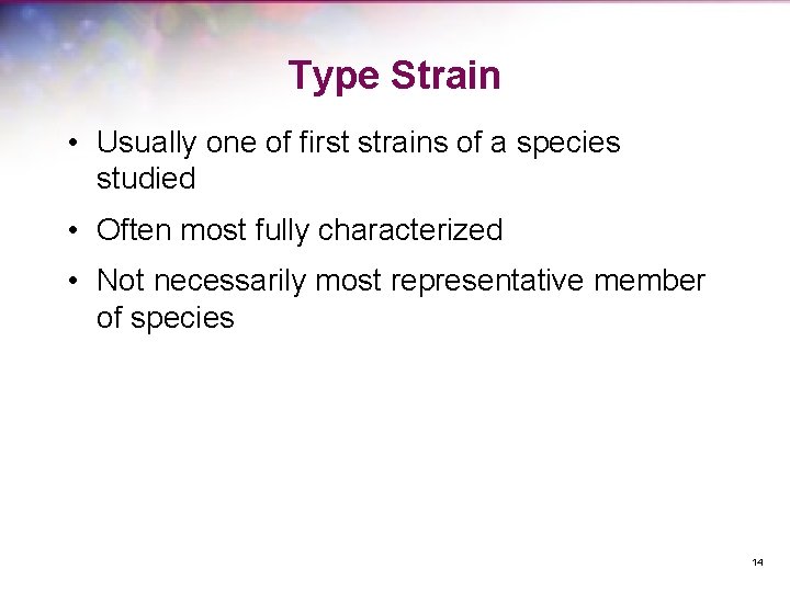 Type Strain • Usually one of first strains of a species studied • Often