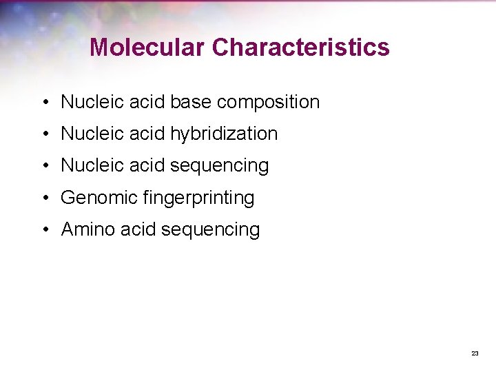 Molecular Characteristics • Nucleic acid base composition • Nucleic acid hybridization • Nucleic acid