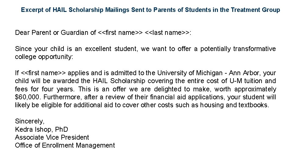 Excerpt of HAIL Scholarship Mailings Sent to Parents of Students in the Treatment Group