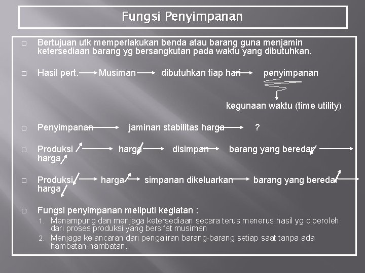 Fungsi Penyimpanan Bertujuan utk memperlakukan benda atau barang guna menjamin ketersediaan barang yg bersangkutan