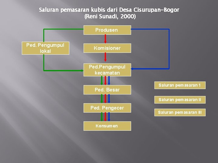 Saluran pemasaran kubis dari Desa Cisurupan-Bogor (Reni Sunadi, 2000) Produsen Ped. Pengumpul lokal Komisioner