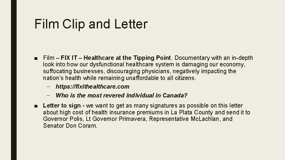 Film Clip and Letter ■ Film – FIX IT – Healthcare at the Tipping
