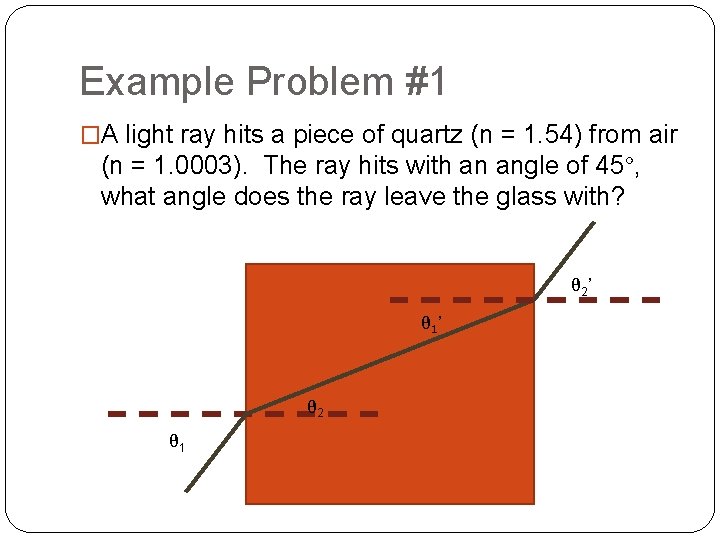 Example Problem #1 �A light ray hits a piece of quartz (n = 1. Example Problem #1 �A light ray hits a piece of quartz (n = 1.