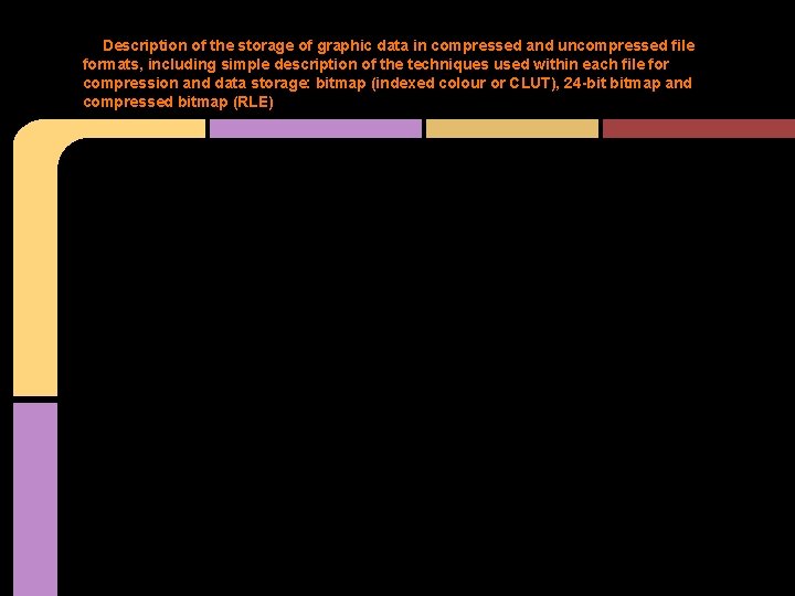 Description of the storage of graphic data in compressed and uncompressed file formats, including Description of the storage of graphic data in compressed and uncompressed file formats, including
