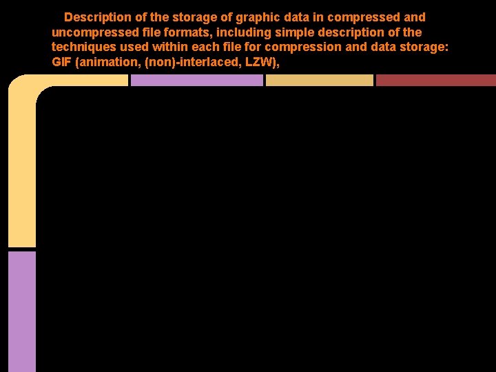 Description of the storage of graphic data in compressed and uncompressed file formats, including Description of the storage of graphic data in compressed and uncompressed file formats, including