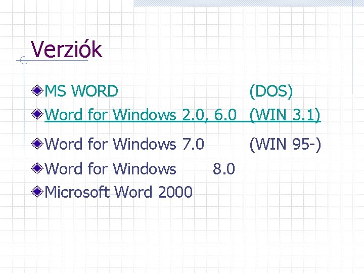 Verziók MS WORD (DOS) Word for Windows 2. 0, 6. 0 (WIN 3. 1)