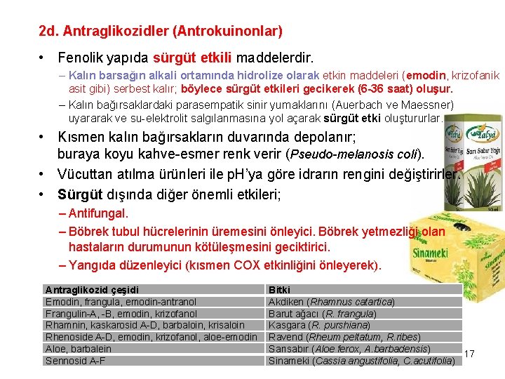 2 d. Antraglikozidler (Antrokuinonlar) • Fenolik yapıda sürgüt etkili maddelerdir. – Kalın barsağın alkali