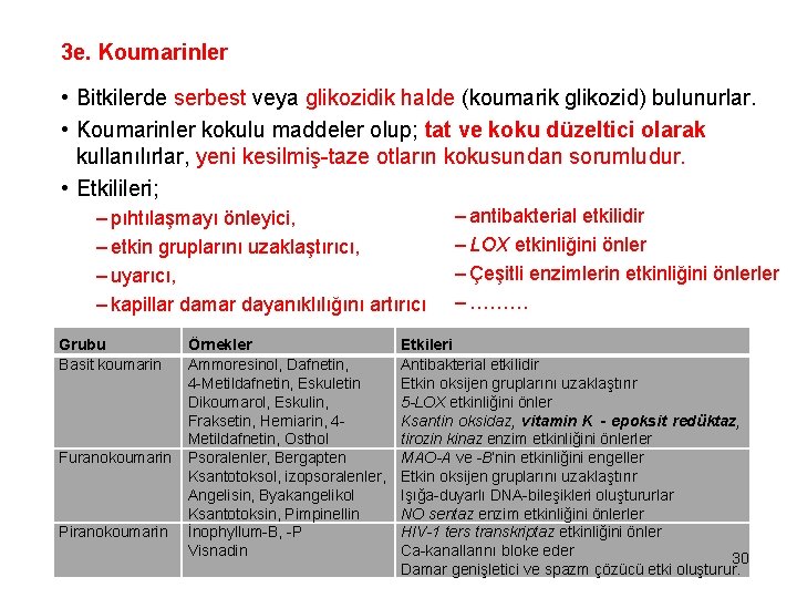 3 e. Koumarinler • Bitkilerde serbest veya glikozidik halde (koumarik glikozid) bulunurlar. • Koumarinler