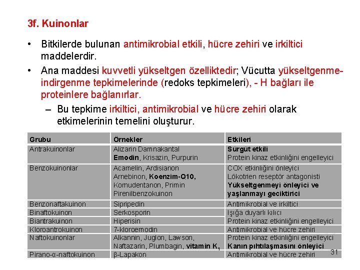 3 f. Kuinonlar • Bitkilerde bulunan antimikrobial etkili, hücre zehiri ve irkiltici maddelerdir. •