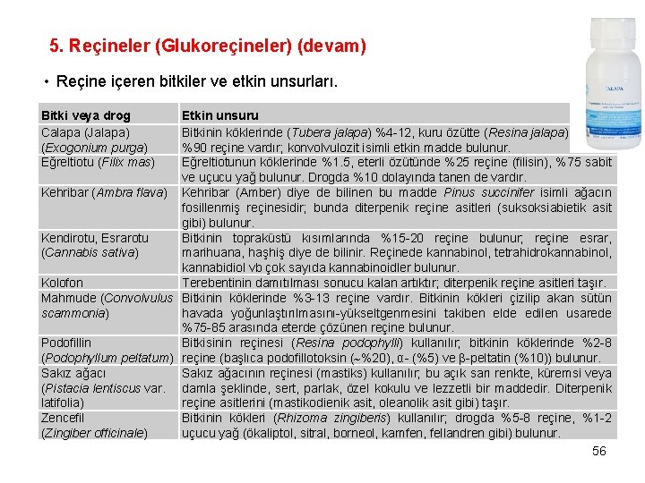 5. Reçineler (Glukoreçineler) (devam) • Reçine içeren bitkiler ve etkin unsurları. Bitki veya drog