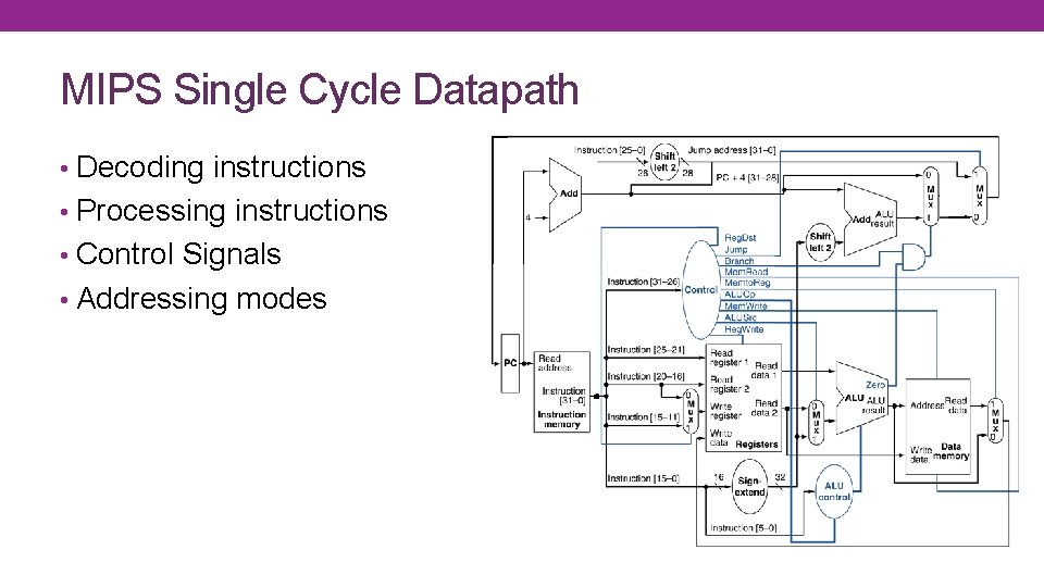 MIPS Single Cycle Datapath • Decoding instructions • Processing instructions • Control Signals •