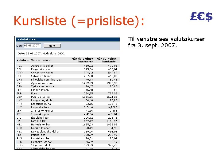 Kursliste (=prisliste): £€$ Til venstre ses valutakurser fra 3. sept. 2007. Bemærk, at der