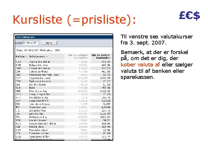 Kursliste (=prisliste): £€$ Til venstre ses valutakurser fra 3. sept. 2007. Bemærk, at der