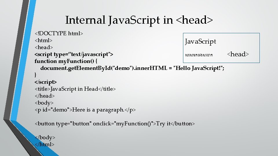 Internal Java. Script in <head> <!DOCTYPE html> <html> Java. Script <head> <script type=”text/javascript"> សរស