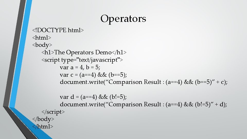 Operators <!DOCTYPE html> <body> <h 1>The Operators Demo</h 1> <script type="text/javascript"> var a =