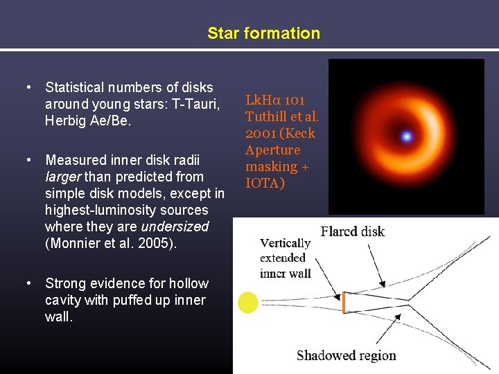 Star formation • Statistical numbers of disks around young stars: T-Tauri, Herbig Ae/Be. •