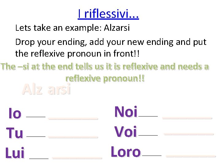 I riflessivi. . . Lets take an example: Alzarsi Drop your ending, add your