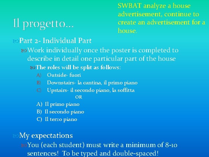 SWBAT analyze a house advertisement, continue to create an advertisement for a house. Il