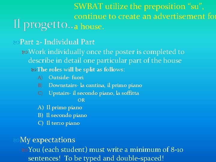 Il SWBAT utilize the preposition “su”, continue to create an advertisement for progetto. .