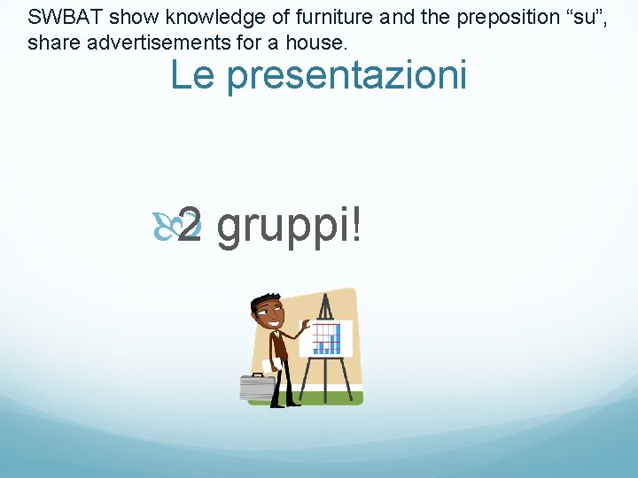 SWBAT show knowledge of furniture and the preposition “su”, share advertisements for a house.