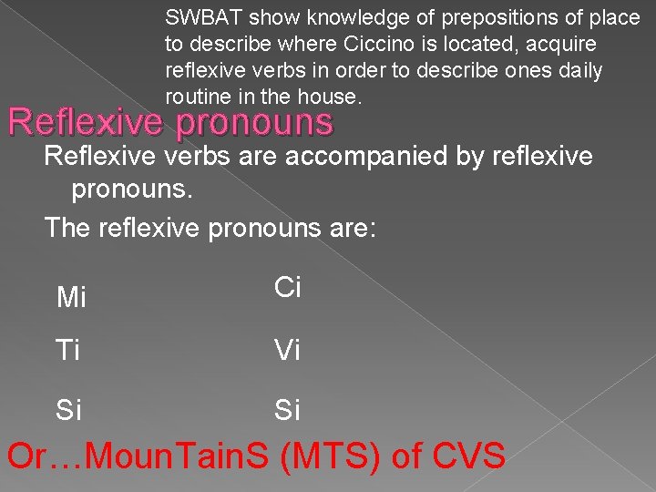 SWBAT show knowledge of prepositions of place to describe where Ciccino is located, acquire