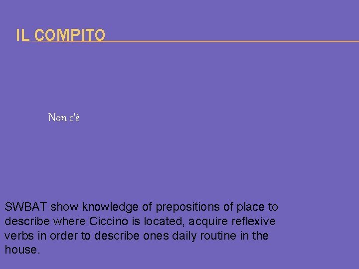 IL COMPITO Non c’è SWBAT show knowledge of prepositions of place to describe where