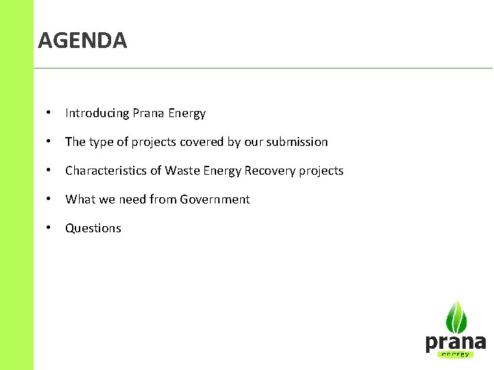 AGENDA • Introducing Prana Energy • The type of projects covered by our submission