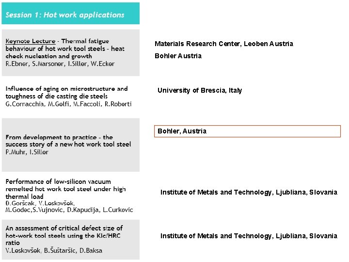 Materials Research Center, Leoben Austria Bohler Austria University of Brescia, Italy Bohler, Austria Institute