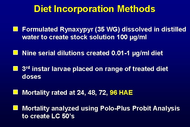 Diet Incorporation Methods Formulated Rynaxypyr (35 WG) dissolved in distilled water to create stock