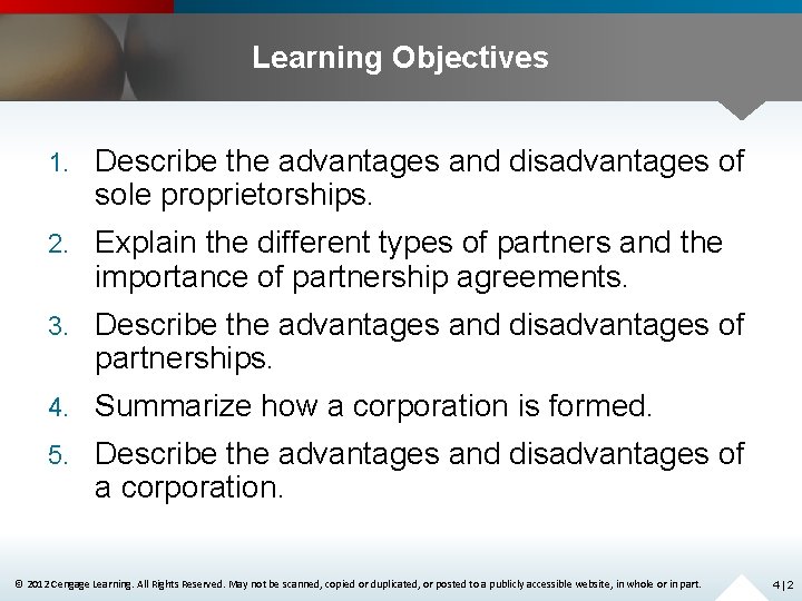 Learning Objectives 1. Describe the advantages and disadvantages of sole proprietorships. 2. Explain the