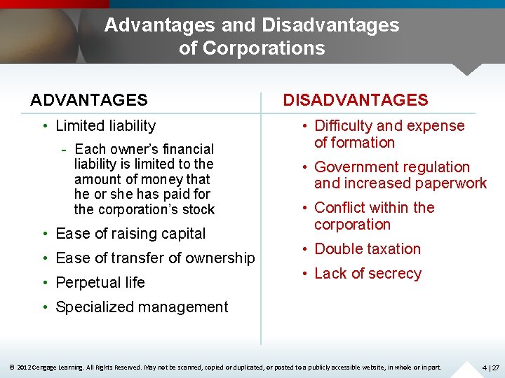 Advantages and Disadvantages of Corporations ADVANTAGES • Limited liability - Each owner’s financial liability