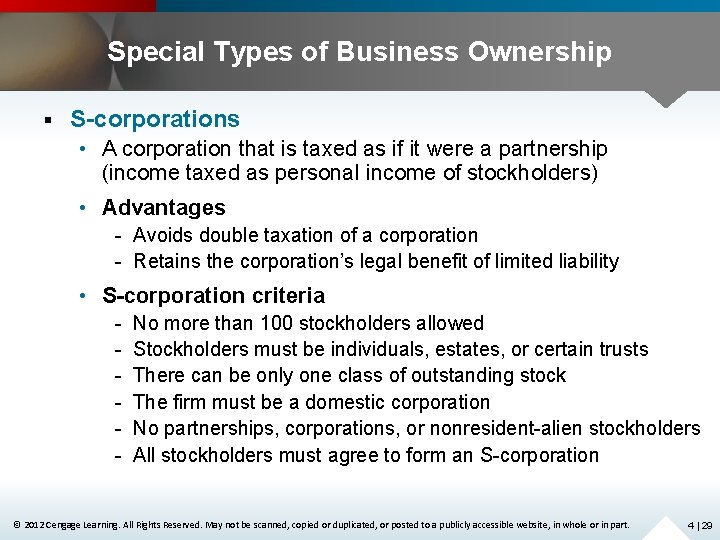 Special Types of Business Ownership § S-corporations • A corporation that is taxed as