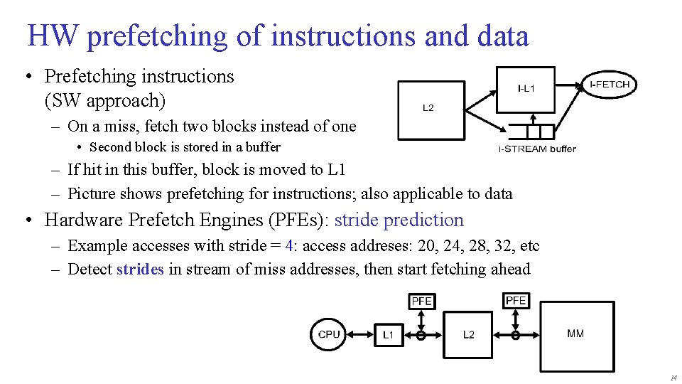HW prefetching of instructions and data • Prefetching instructions (SW approach) – On a