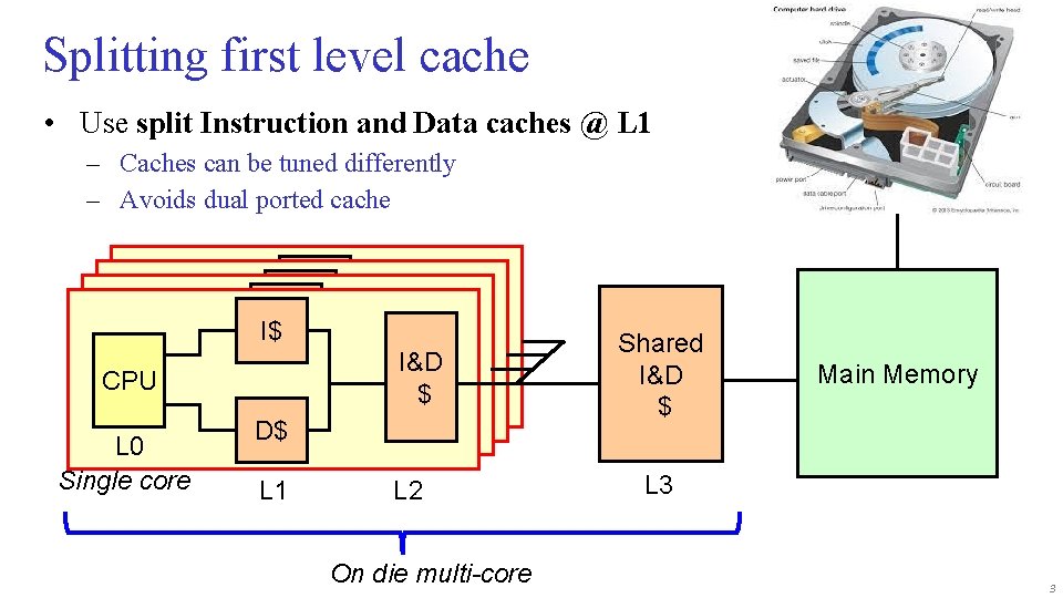 Splitting first level cache • Use split Instruction and Data caches @ L 1
