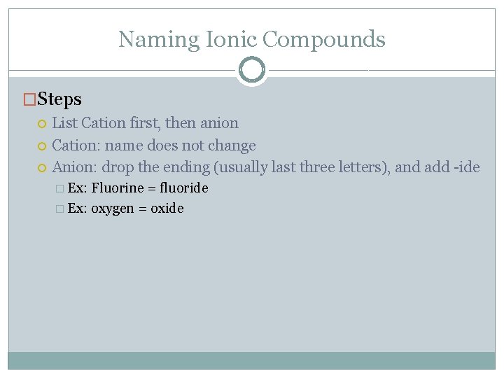 Naming Ionic Compounds �Steps List Cation first, then anion Cation: name does not change