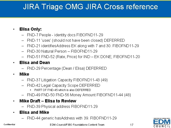 JIRA Triage OMG JIRA Cross reference • Elisa Only: – – – • FND-7