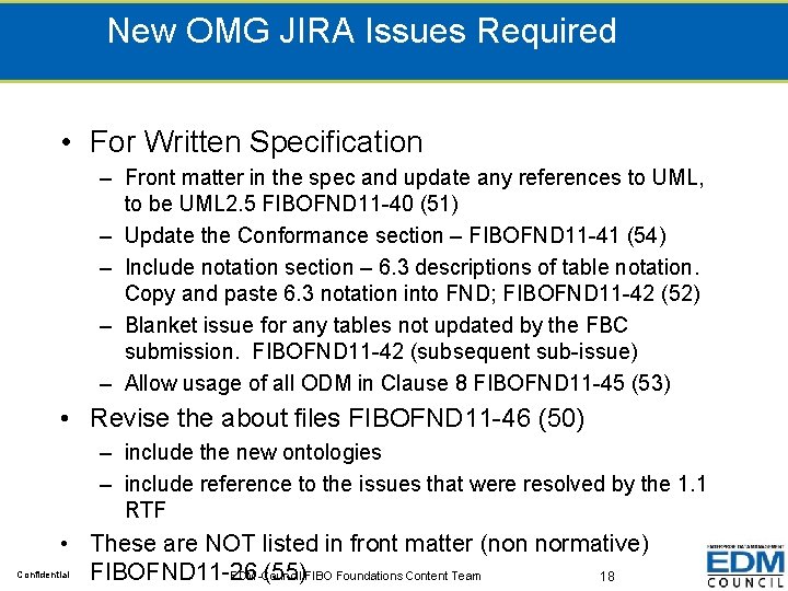 New OMG JIRA Issues Required • For Written Specification – Front matter in the