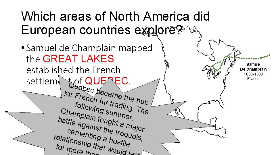 Which areas of North America did European countries explore? • Samuel de Champlain mapped