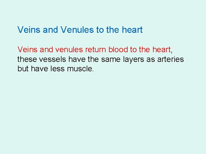 Veins and Venules to the heart Veins and venules return blood to the heart,