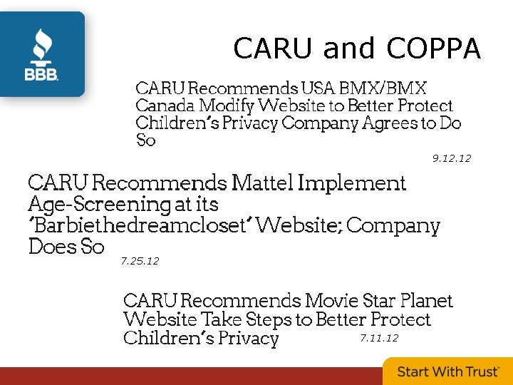 CARU and COPPA 9. 12 7. 25. 12 7. 11. 12 