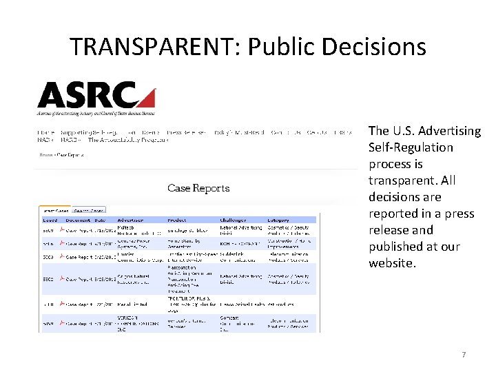 TRANSPARENT: Public Decisions The U. S. Advertising Self-Regulation process is transparent. All decisions are