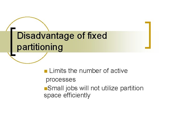 Disadvantage of fixed partitioning Limits the number of active processes n. Small jobs will