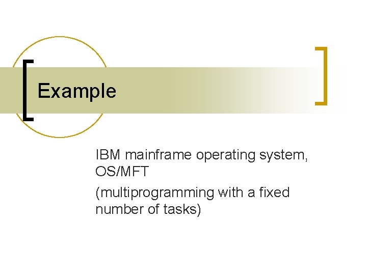 Example IBM mainframe operating system, OS/MFT (multiprogramming with a fixed number of tasks) 