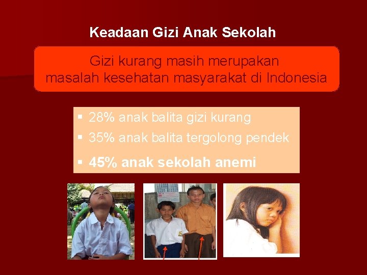 Keadaan Gizi Anak Sekolah Gizi kurang masih merupakan masalah kesehatan masyarakat di Indonesia §