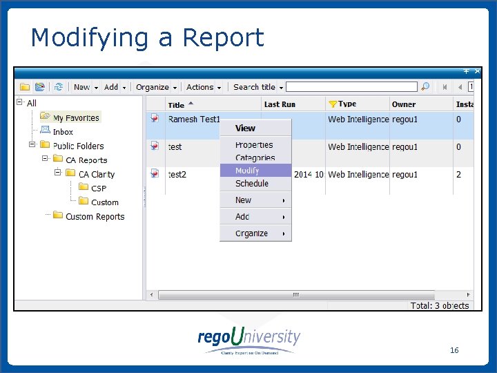 Modifying a Report 16 www. regoconsulting. com Phone: 1 -888 -813 -0444 