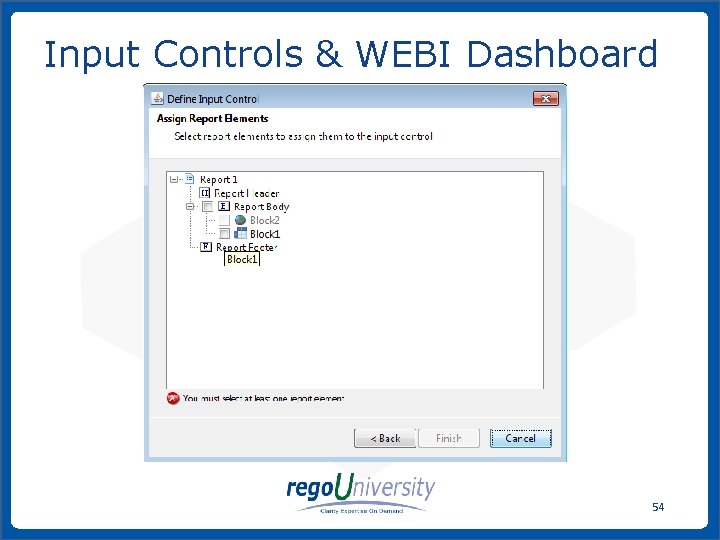 Input Controls & WEBI Dashboard 54 www. regoconsulting. com Phone: 1 -888 -813 -0444