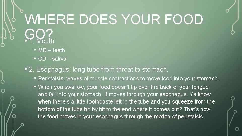 WHERE DOES YOUR FOOD GO? • 1. Mouth: • MD – teeth • CD